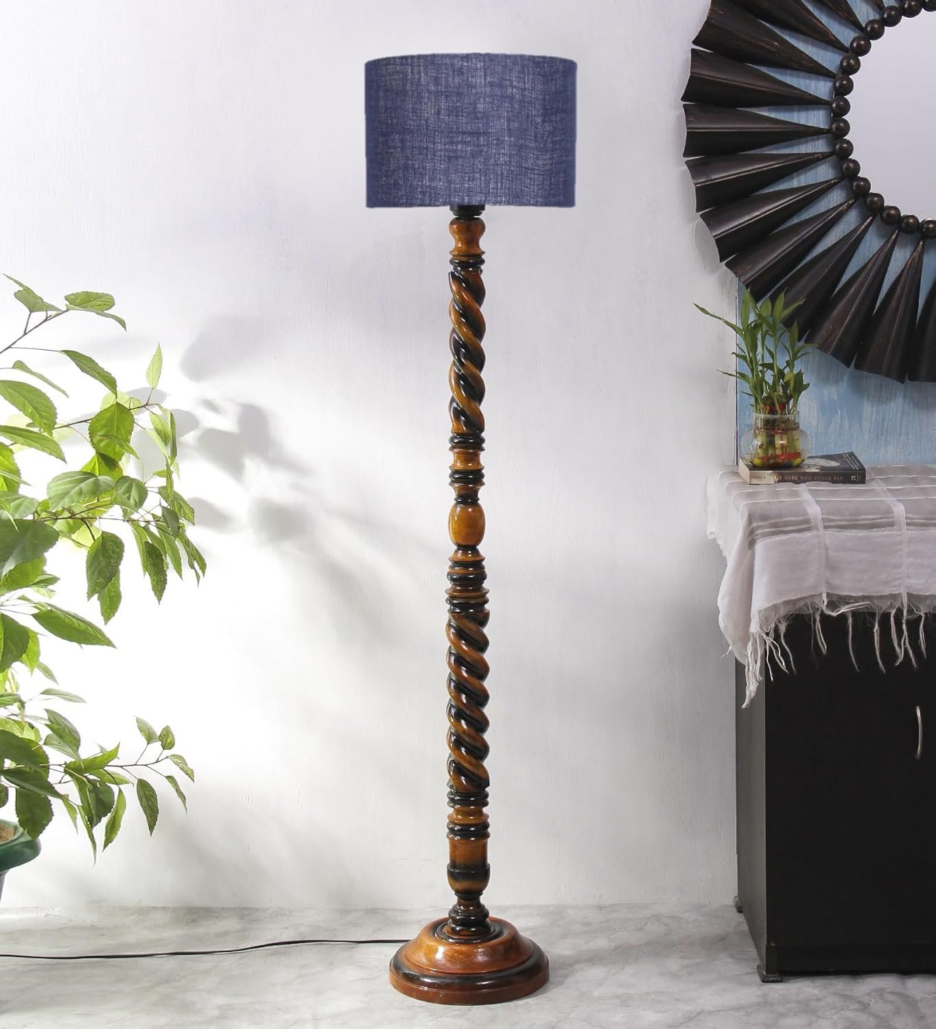 Maroon Jute Drum Wooden Floor Lamp -11-(12x56.7inches) -Closed Snake