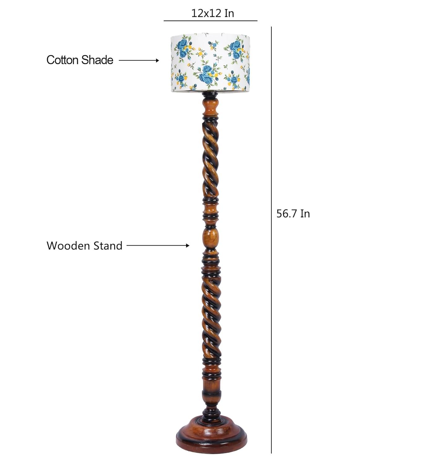 Printed Cotton Drum Wooden Floor Lamp -13-(12x56.7inches) -Closed Snake