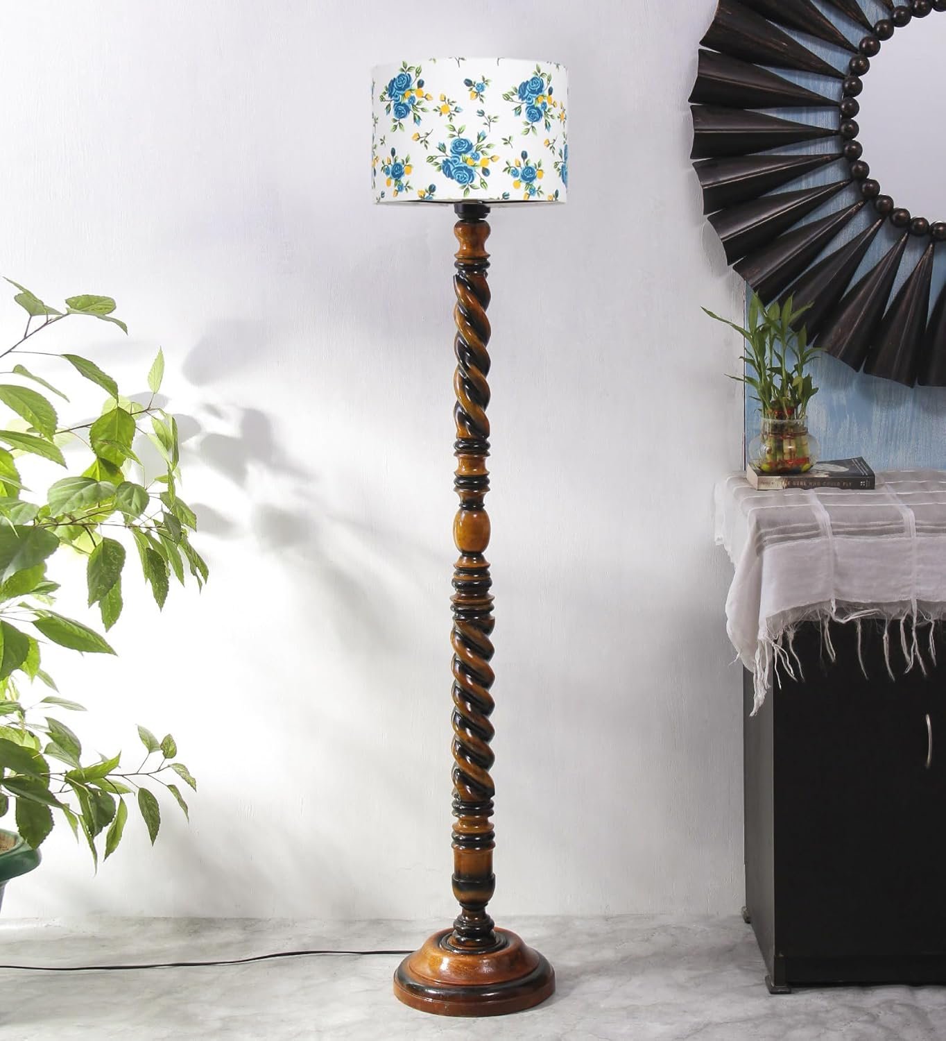 Printed Cotton Drum Wooden Floor Lamp -13-(12x56.7inches) -Closed Snake