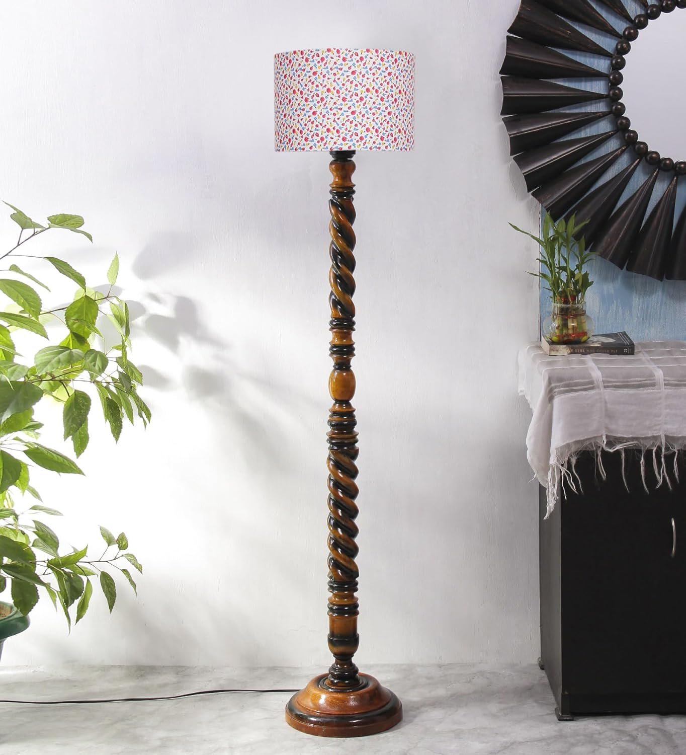 Printed Cotton Drum Wooden Floor Lamp -15 (12x56.7inches) -Closed Snake