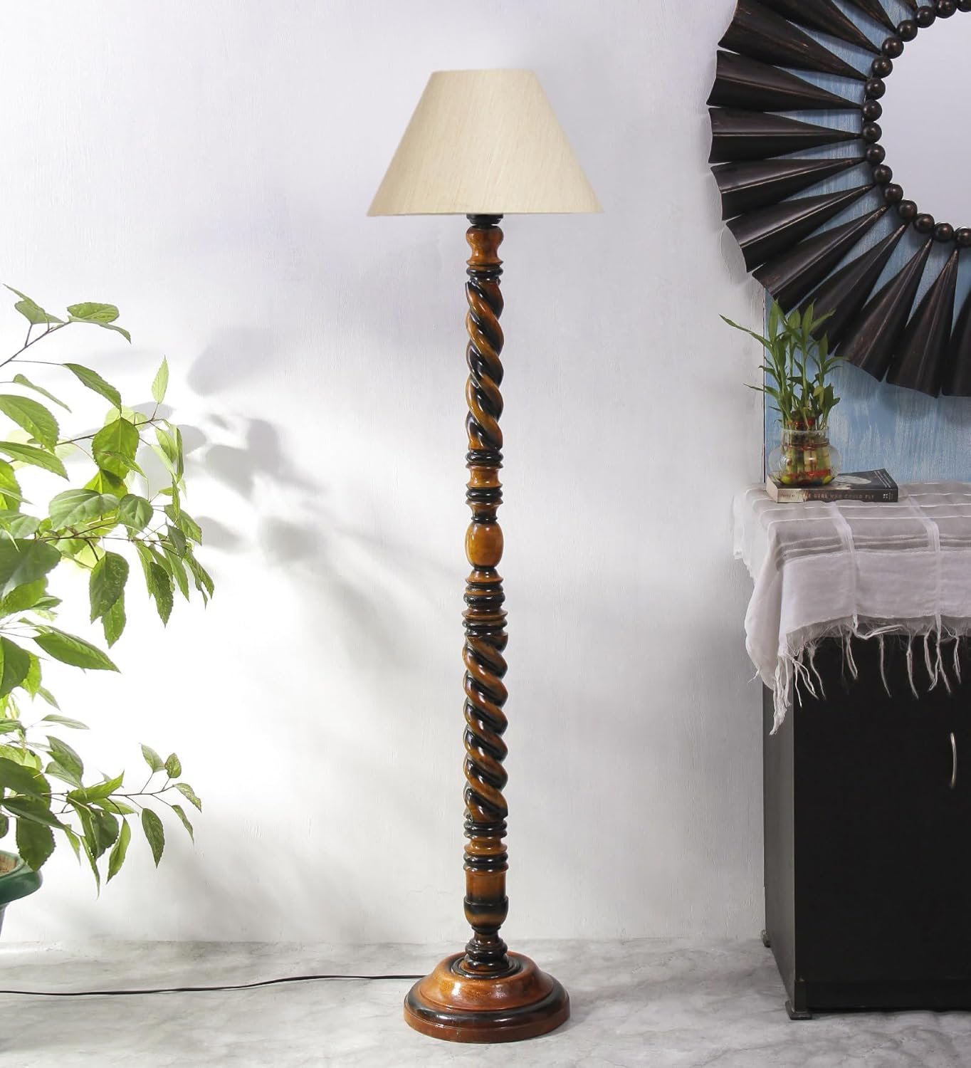 Off-White Cotton Conical Wooden Floor Lamp -20(14x55.75inches) -Closed Snake