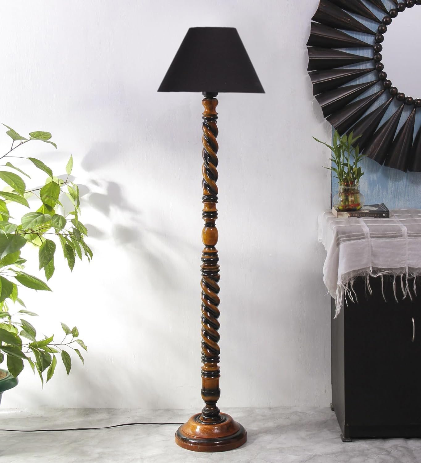 Black Cotton Conical Wooden Floor Lamp -21 (14x55.75inches) -Closed Snake
