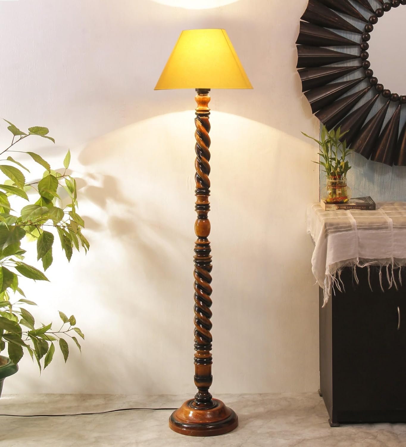 Yellow Cotton Conical Wooden Floor Lamp -24-(14x55.75inches) -Closed Snake