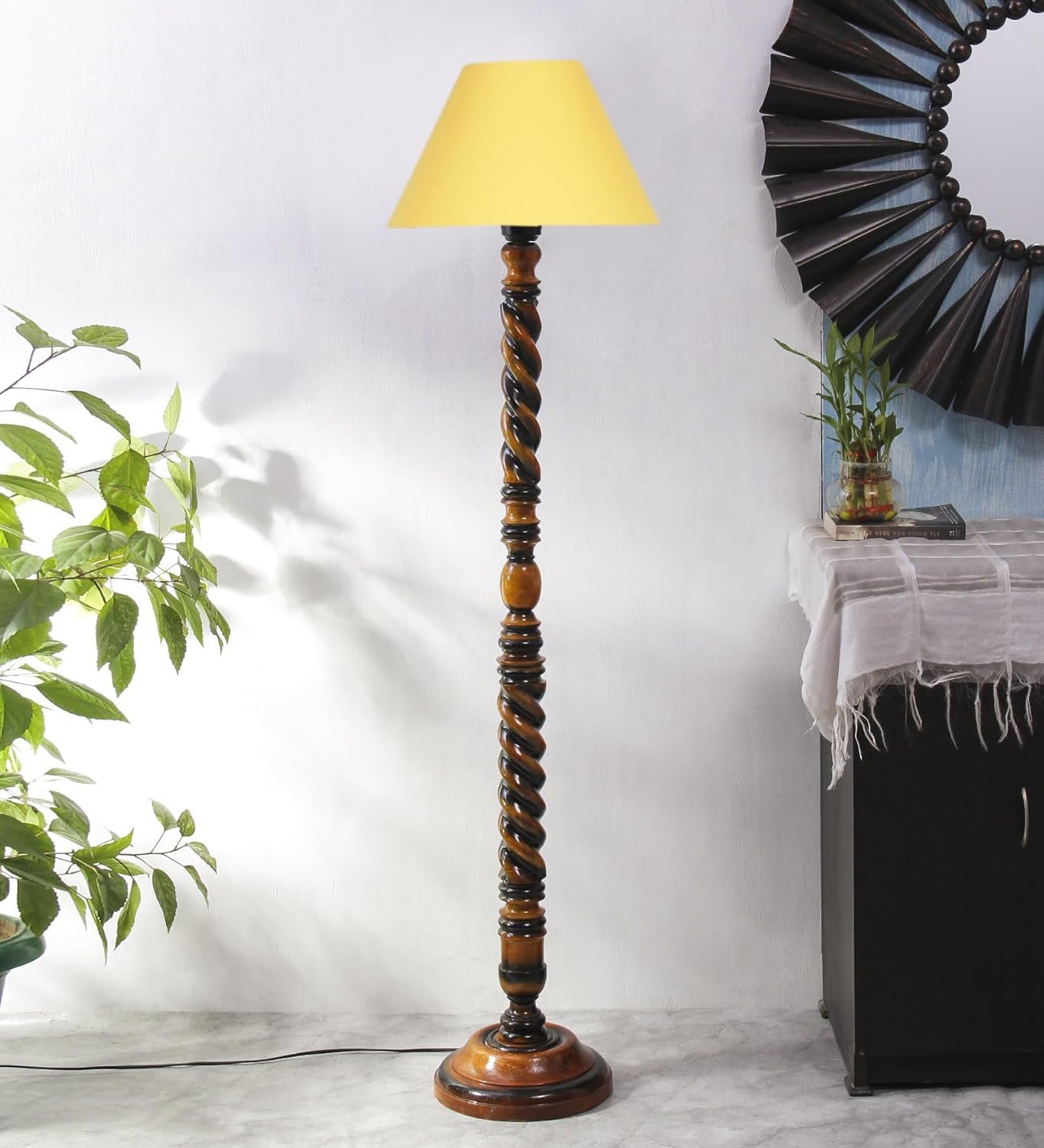 Yellow Cotton Conical Wooden Floor Lamp -24-(14x55.75inches) -Closed Snake