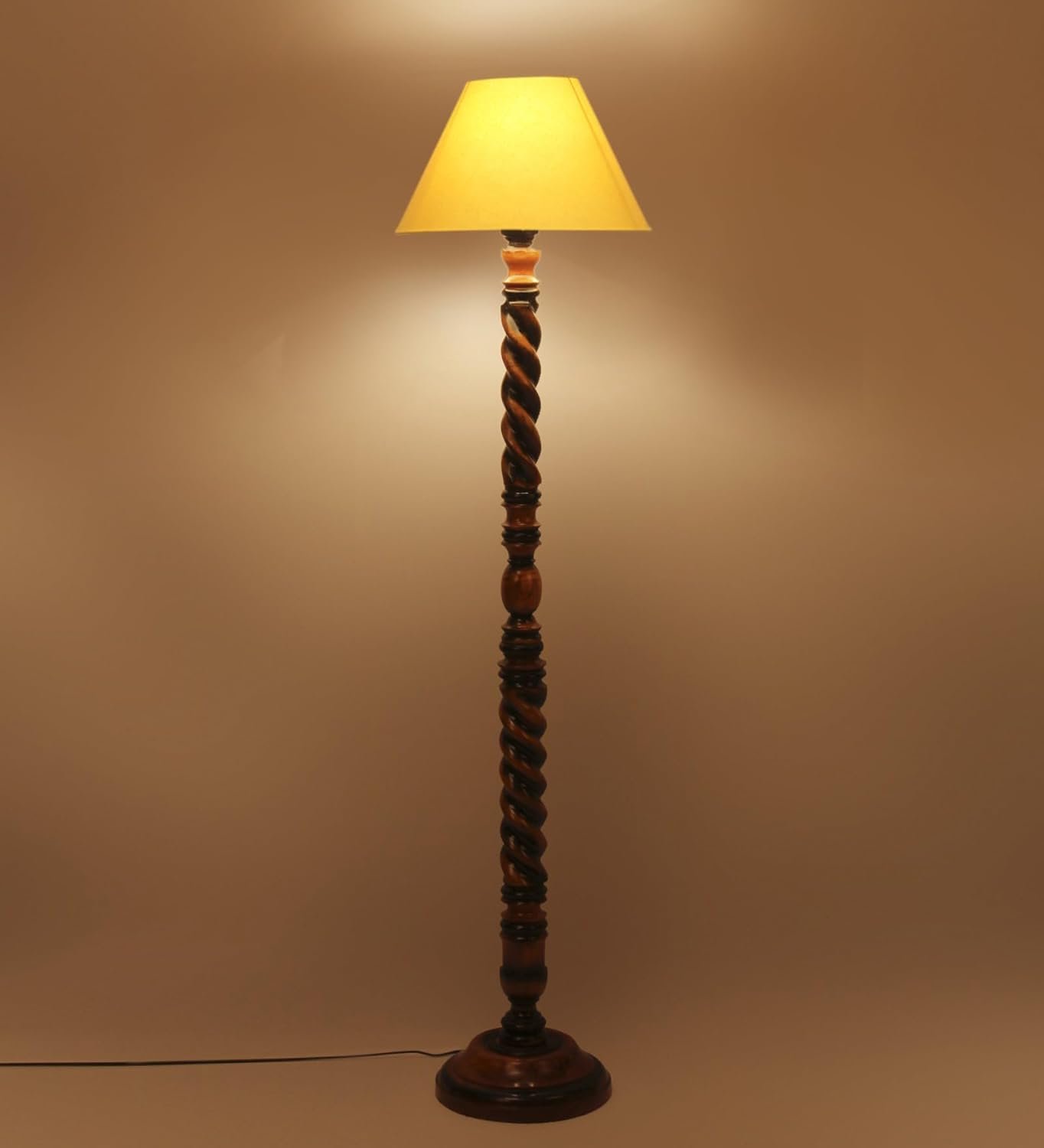 Yellow Cotton Conical Wooden Floor Lamp -24-(14x55.75inches) -Closed Snake