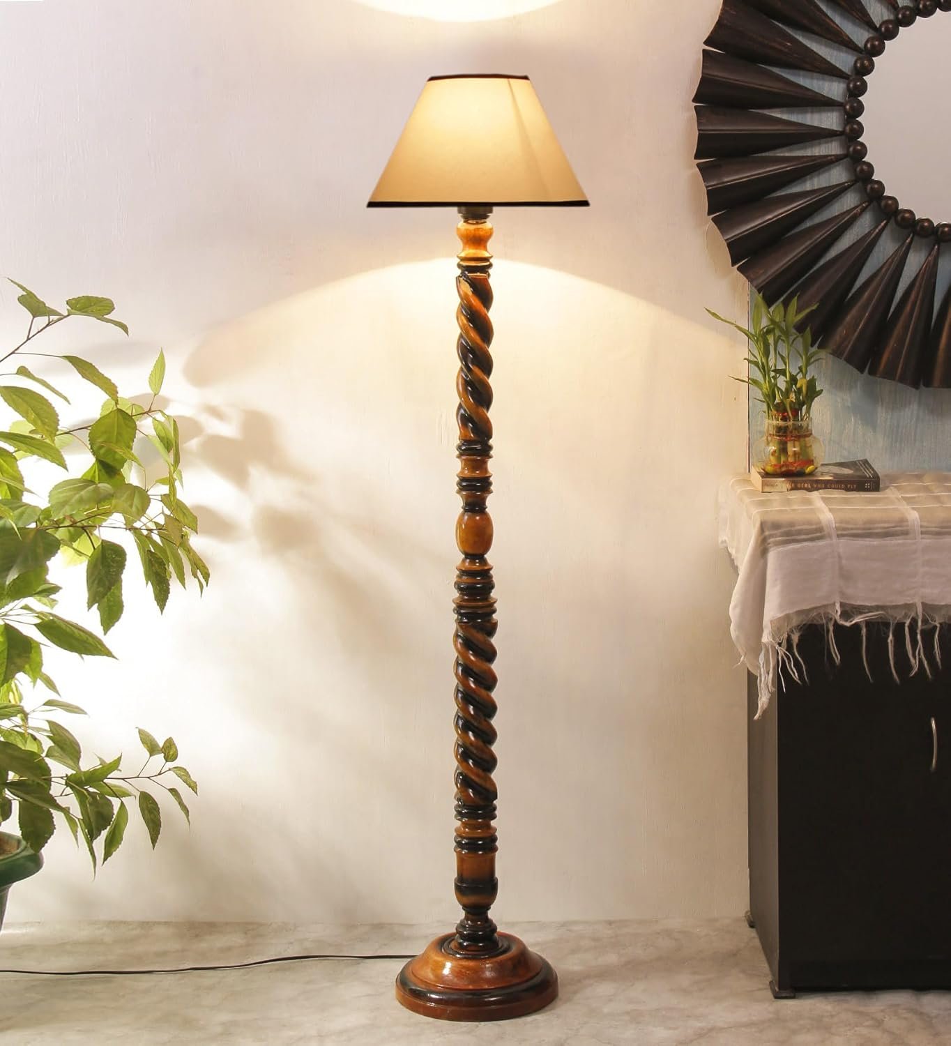 White & Black Cotton Conical Wooden Floor Lamp -26-(14x55.75inches) -Closed Snake