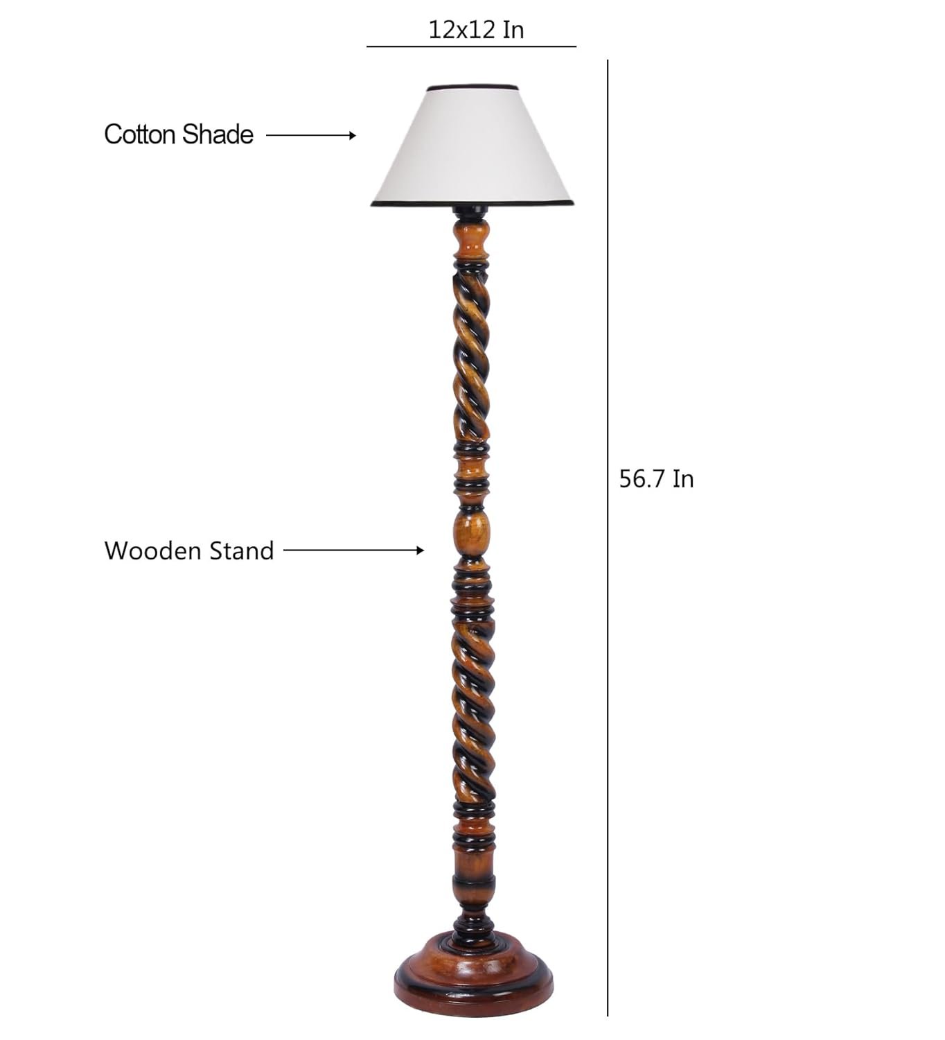 White & Black Cotton Conical Wooden Floor Lamp -26-(14x55.75inches) -Closed Snake