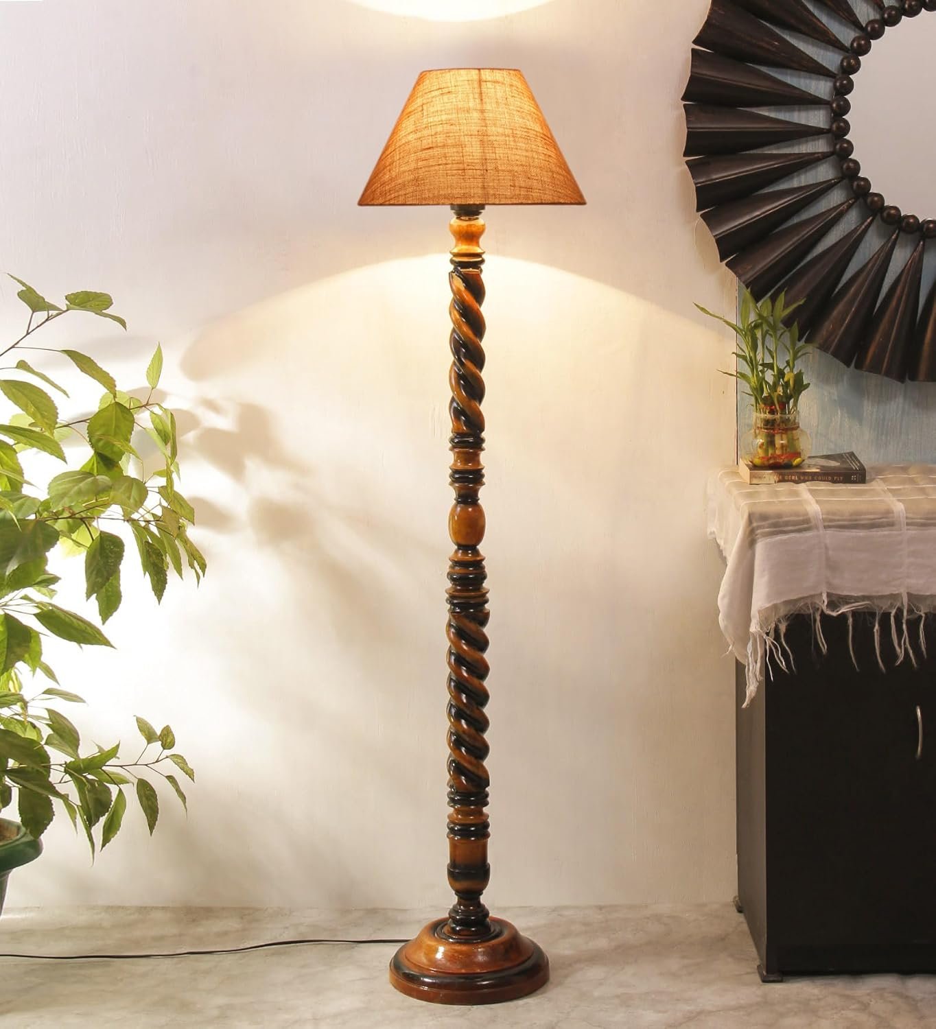 Beige Jute Conical Wooden Floor Lamp -27-(14x55.75inches) -Closed Snake