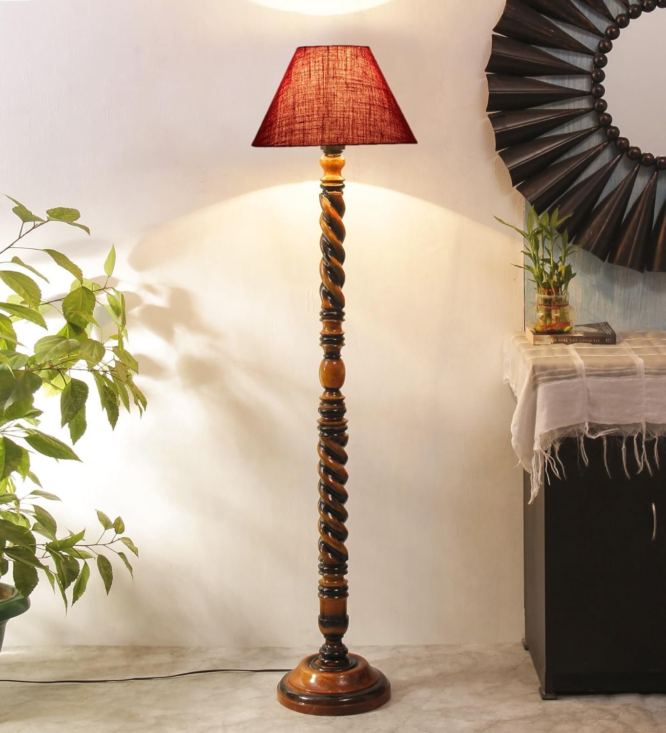 Maroon Jute Conical Wooden Floor Lamp -30-(14x55.75inches) -Closed Snake