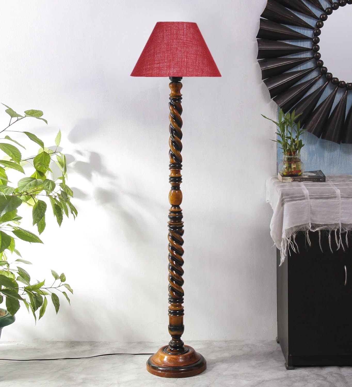 Maroon Jute Conical Wooden Floor Lamp -30-(14x55.75inches) -Closed Snake