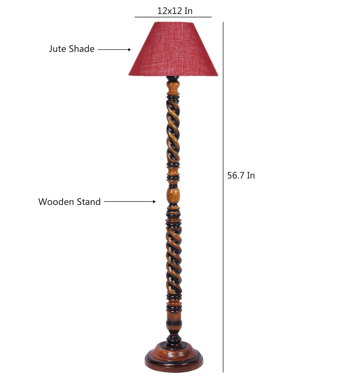 Maroon Jute Conical Wooden Floor Lamp -30-(14x55.75inches) -Closed Snake