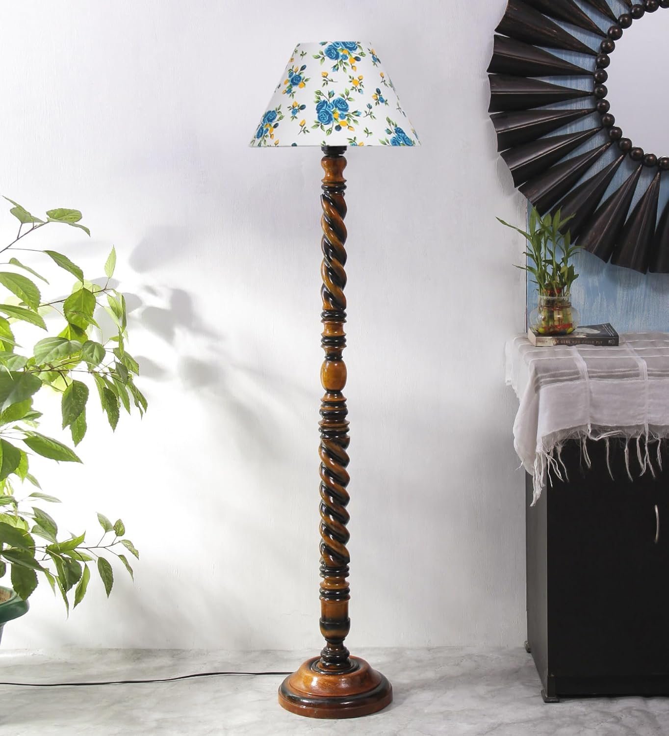 Printed Cotton Conical Wooden Floor Lamp -32-(14x55.75inches) -Closed Snake