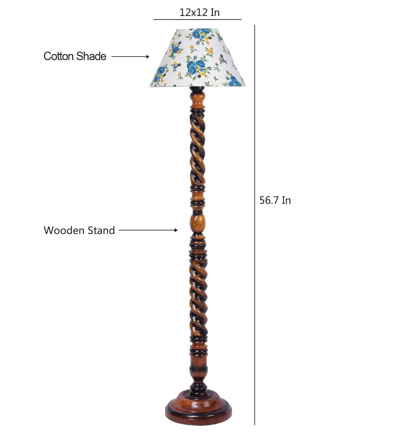 Printed Cotton Conical Wooden Floor Lamp -32-(14x55.75inches) -Closed Snake