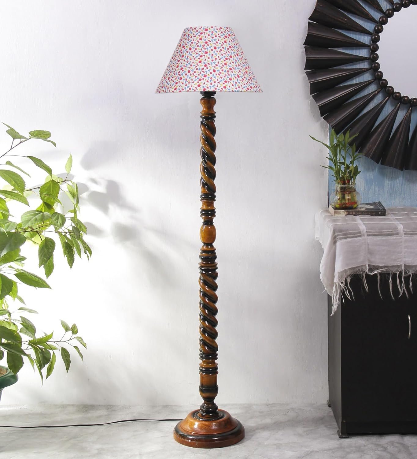 Printed Cotton Conical Wooden Floor Lamp -34(14x55.75inches) -Closed Snake