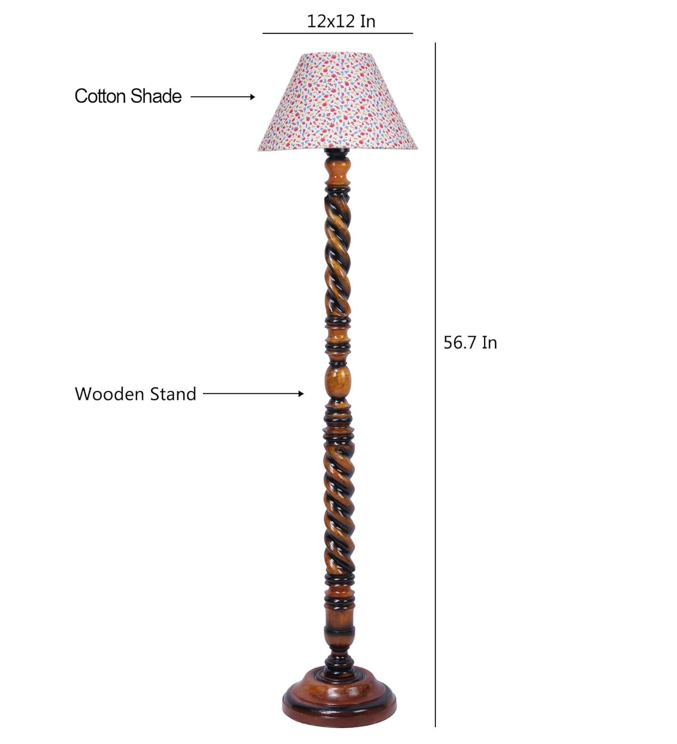 Printed Cotton Conical Wooden Floor Lamp -34(14x55.75inches) -Closed Snake