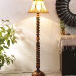 Vintage Cotton Curtain Pleated Shade Wood Floor Lamp -40(12×54.8inches)-Closed Snake