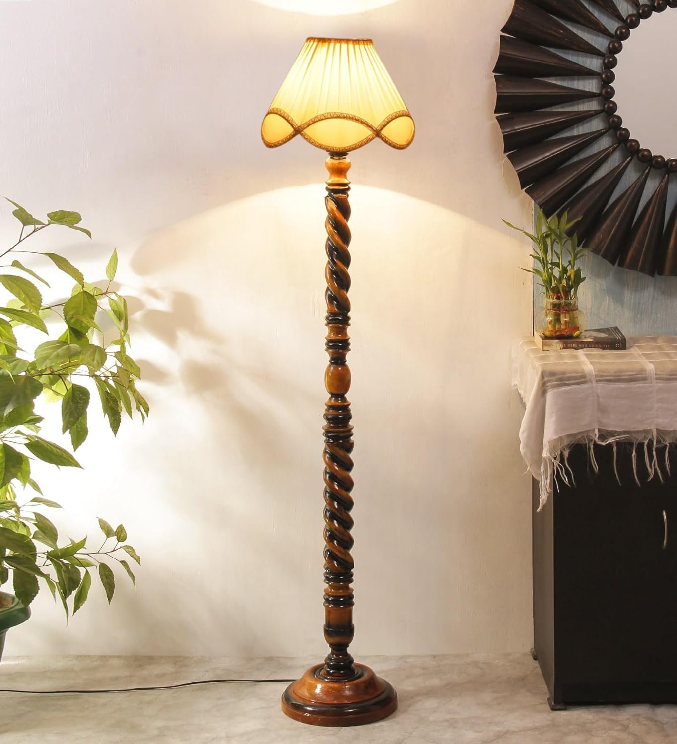 Vintage Cotton Shade Wood Floor Lamp -41-(12x54.8inches)-Closed Snake