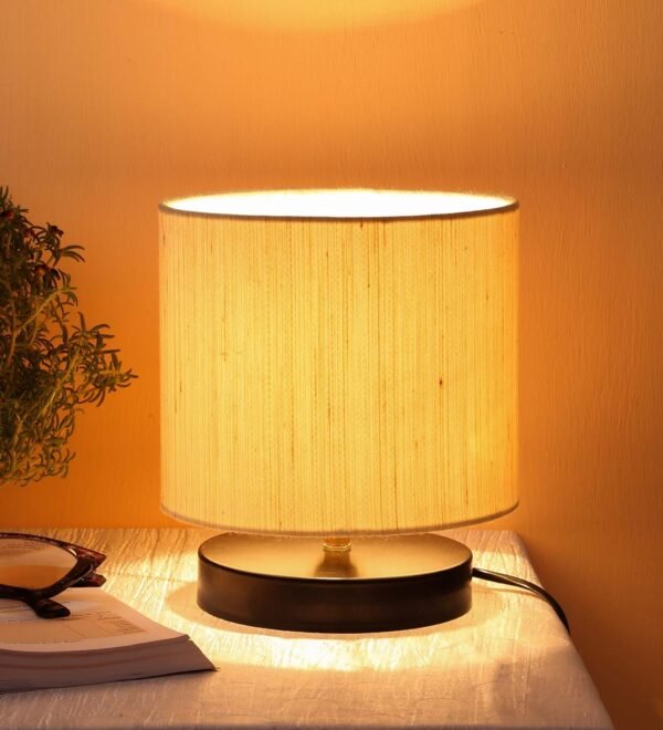 Off White Cotton Shade Lamp with Black Wood Base for Decoration/Office/Home/Gifting/Study for Decoration/Office/Home/Gifting/Study -(7x7x7) Inches –