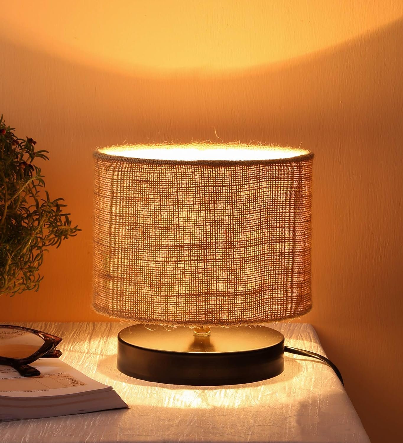 Beige Jute Shade Lamp with Black Wood Base for Decoration/Office/Home/Gifting/Study for Office/Home/Gifting -(7x7x7) Inches -