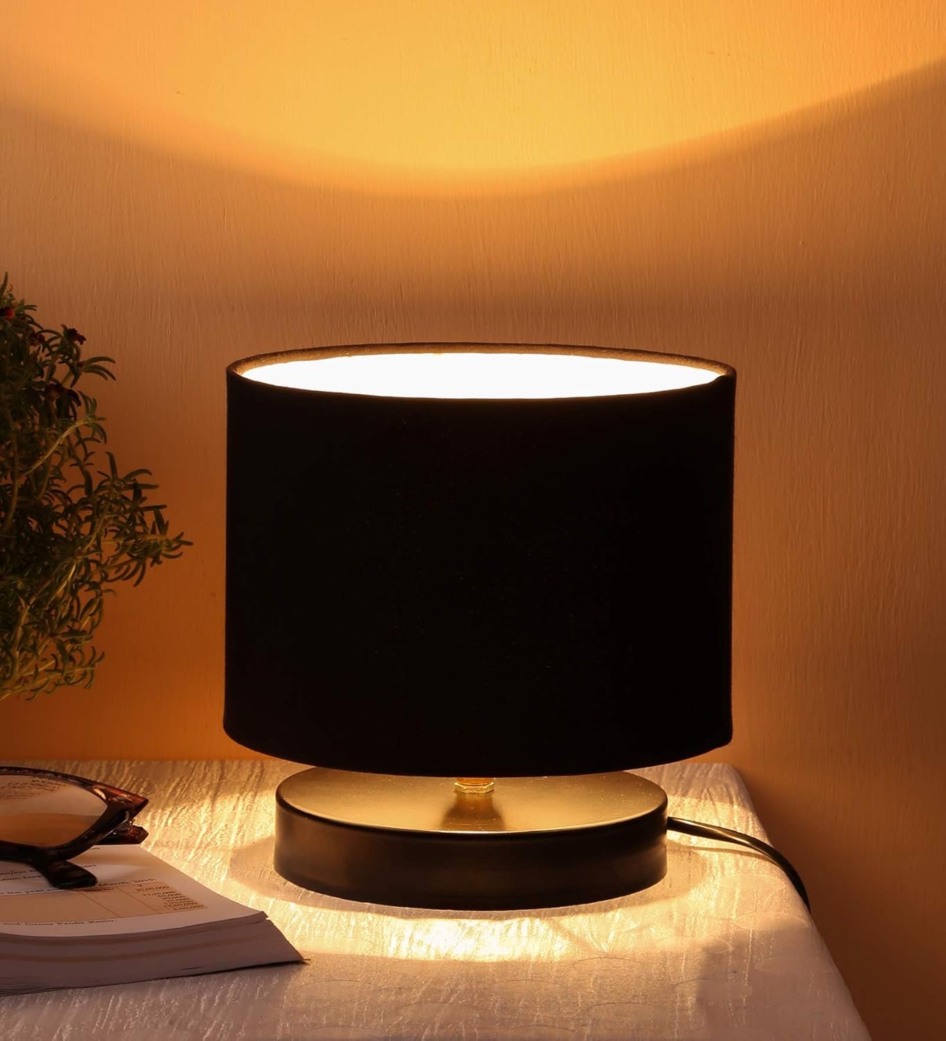 Black Cotton Shade Lamp with Black Wood Base for Decoration/Office/Home/Gifting/Study for Office/Home/Gifting -(7x7x7) Inches -