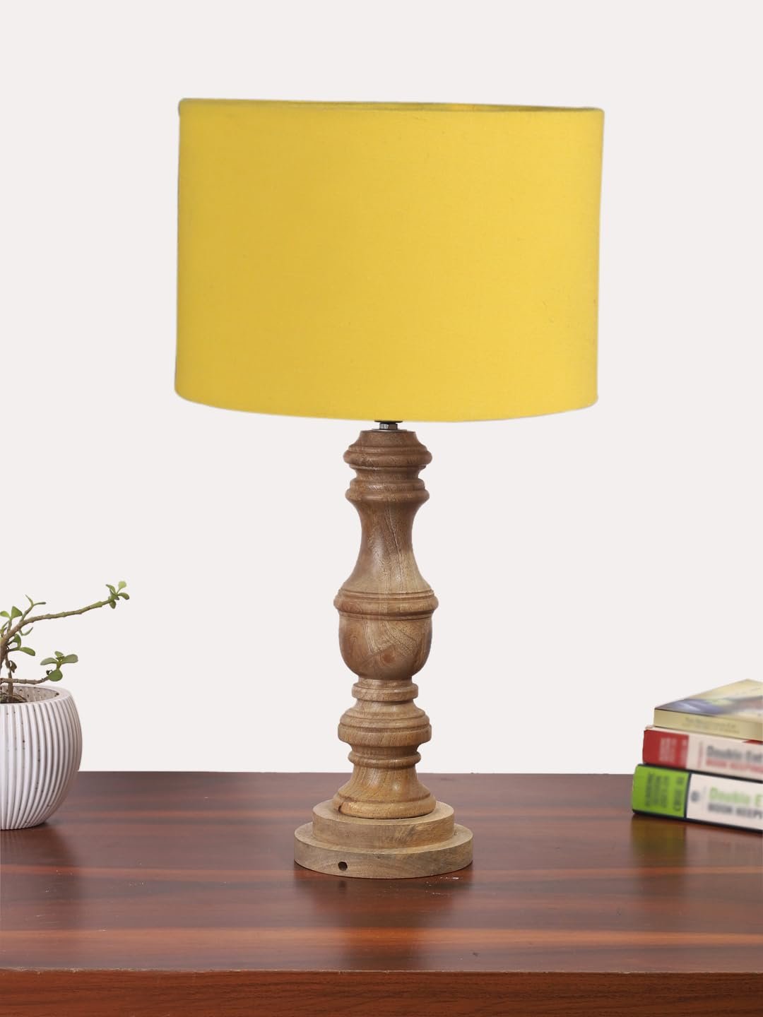 Yellow Cotton Shade Table Lamp with Wooden Base | Elegant Bedside & Desk Lamp for Living Room, Bedroom, Home Decor, Office & Gift | (Height 17.5 Inches, Without Bulb)