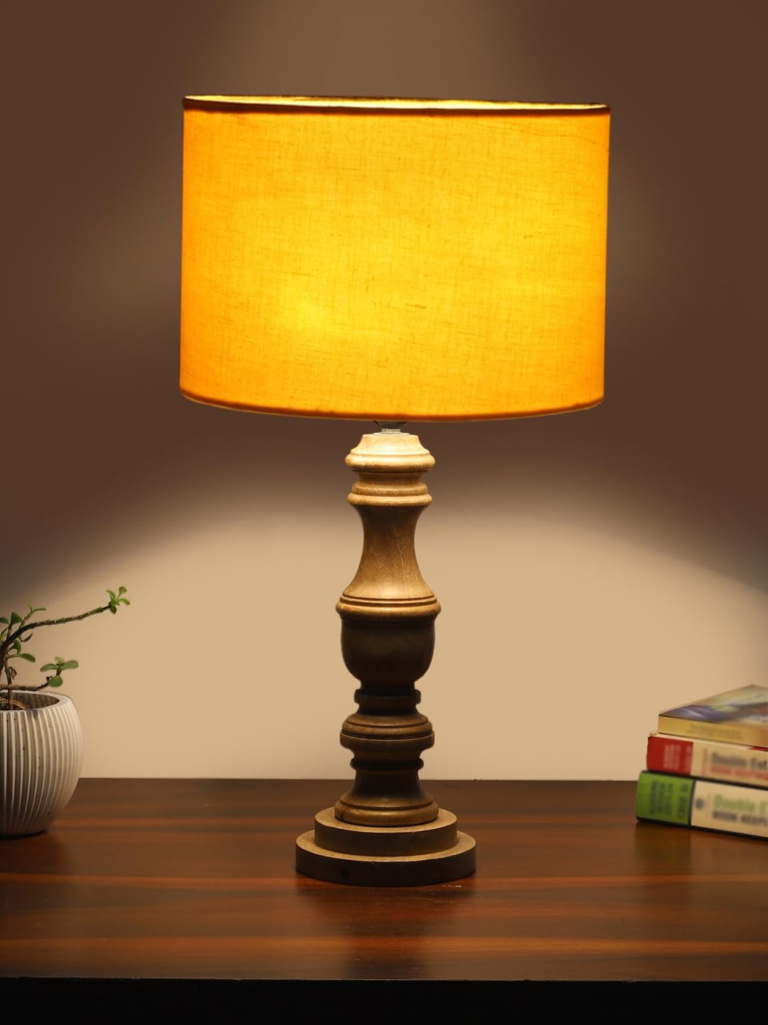 Yellow Cotton Shade Table Lamp with Wooden Base | Elegant Bedside & Desk Lamp for Living Room, Bedroom, Home Decor, Office & Gift | (Height 17.5 Inches, Without Bulb)
