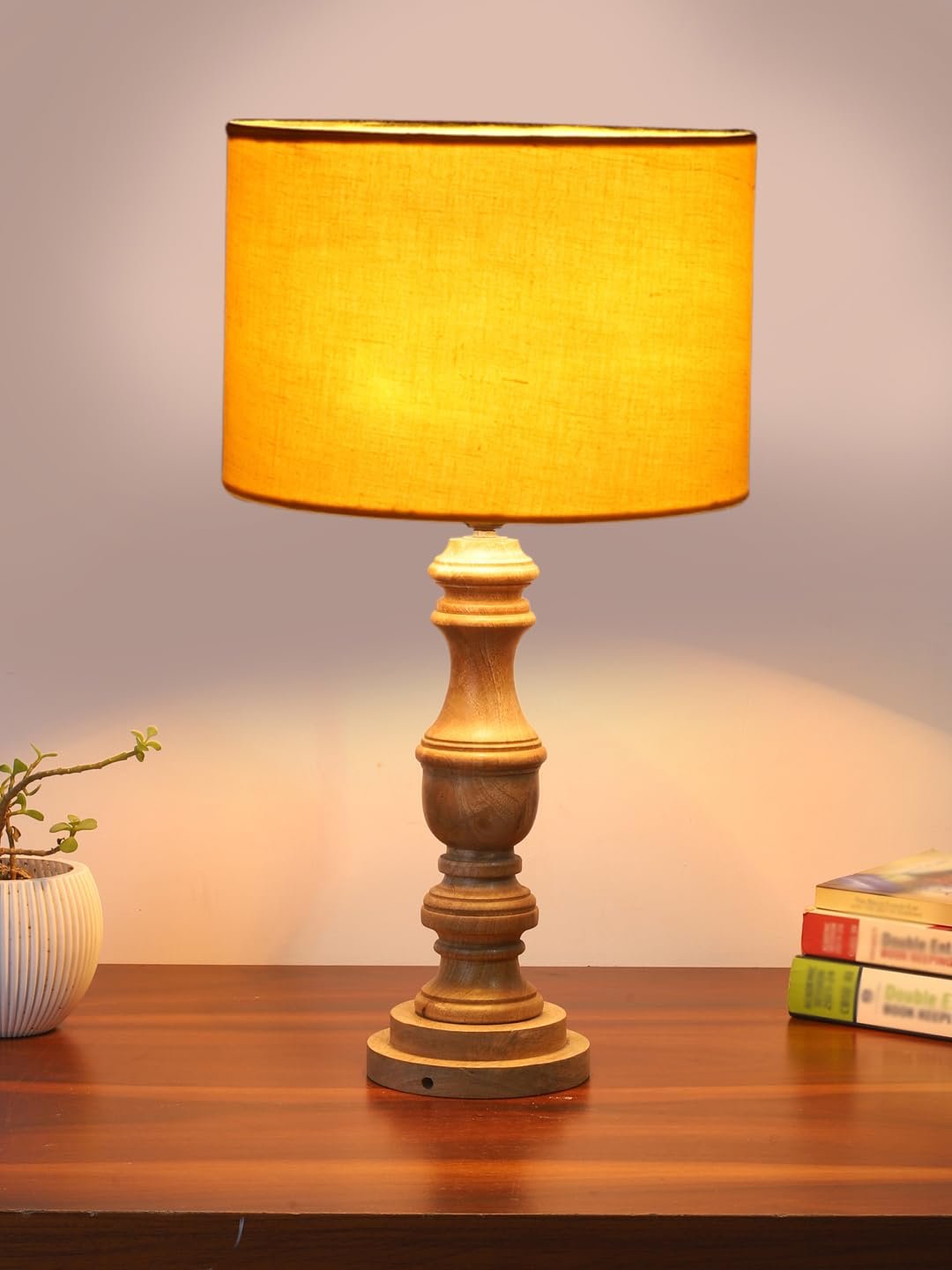Yellow Cotton Shade Table Lamp with Wooden Base | Elegant Bedside & Desk Lamp for Living Room, Bedroom, Home Decor, Office & Gift | (Height 17.5 Inches, Without Bulb)