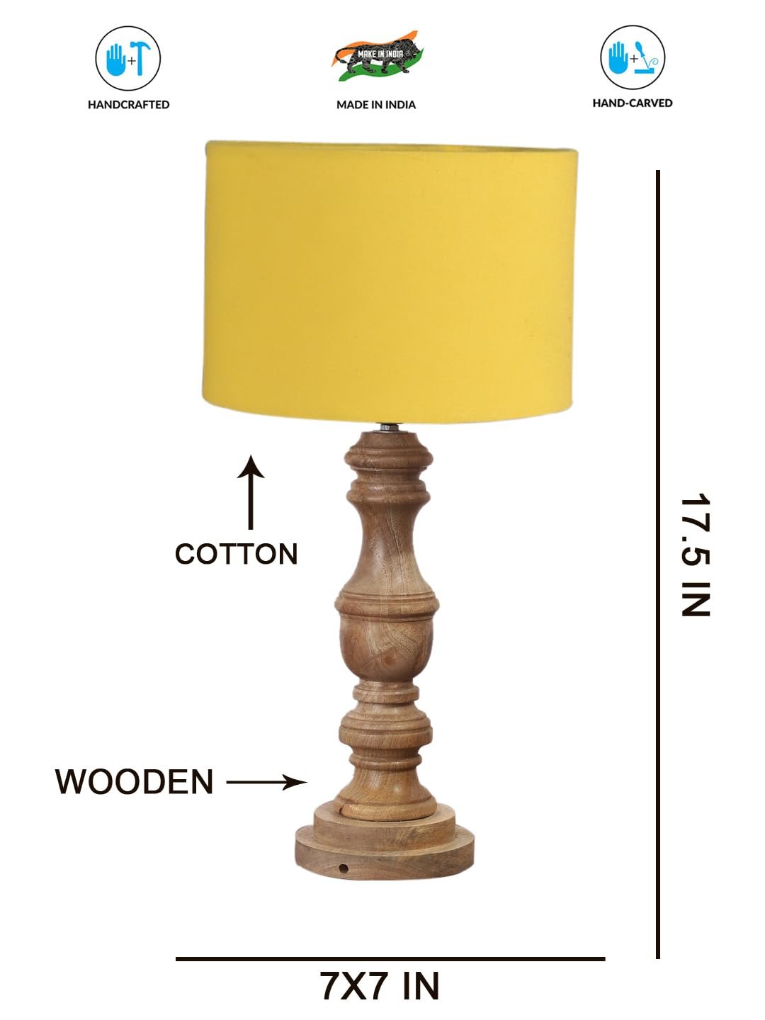 Yellow Cotton Shade Table Lamp with Wooden Base | Elegant Bedside & Desk Lamp for Living Room, Bedroom, Home Decor, Office & Gift | (Height 17.5 Inches, Without Bulb)