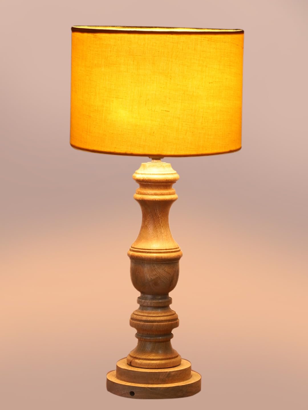 Yellow Cotton Shade Table Lamp with Wooden Base | Elegant Bedside & Desk Lamp for Living Room, Bedroom, Home Decor, Office & Gift | (Height 17.5 Inches, Without Bulb)