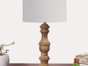 Grey Cotton Shade Table Lamp with Wooden Base | Elegant Bedside & Desk Lamp for Living Room, Bedroom, Home Decor, Office & Gift | (Height 17.5 Inches, Without Bulb)
