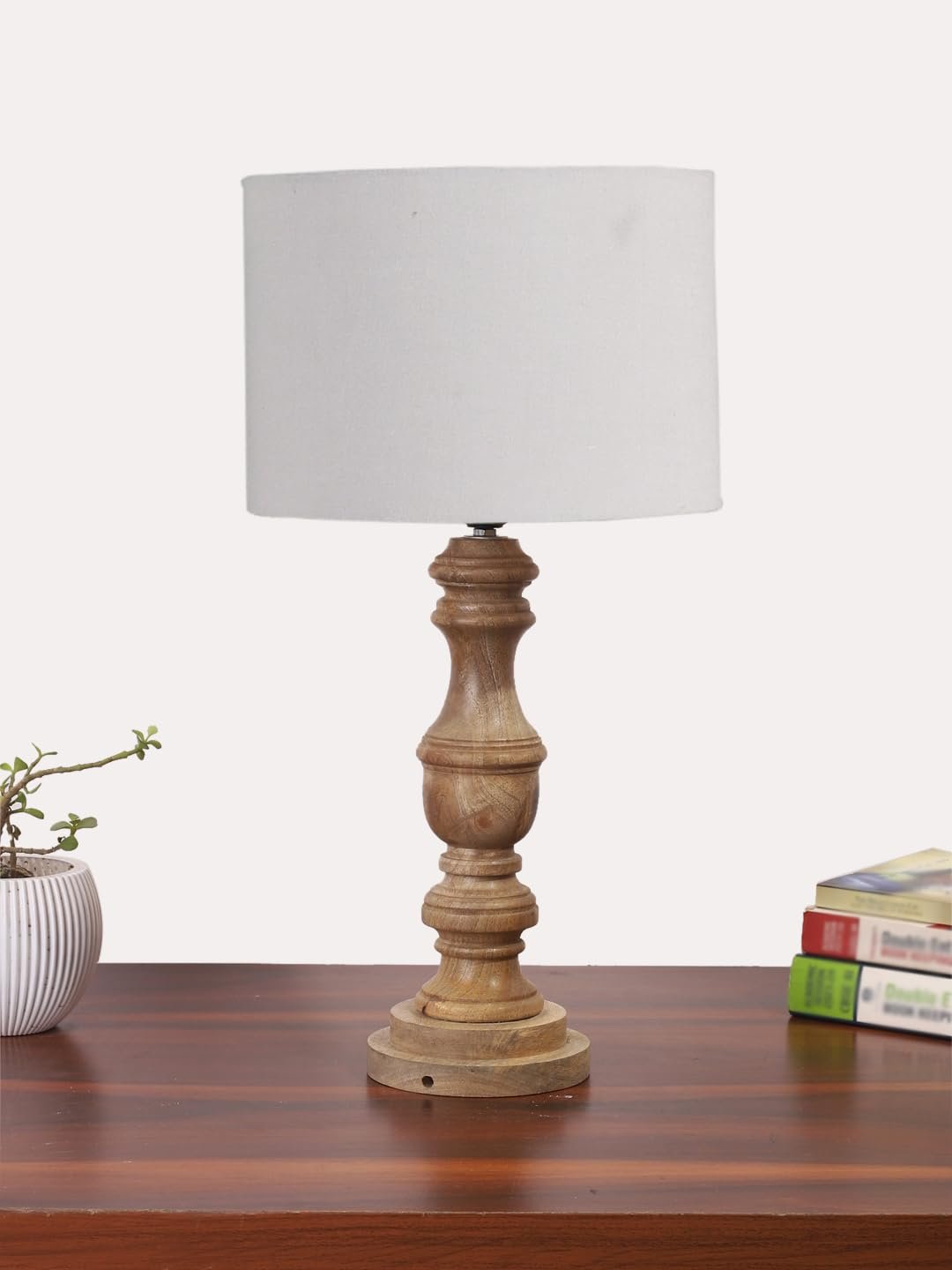 Grey Cotton Shade Table Lamp with Wooden Base | Elegant Bedside & Desk Lamp for Living Room, Bedroom, Home Decor, Office & Gift | (Height 17.5 Inches, Without Bulb)