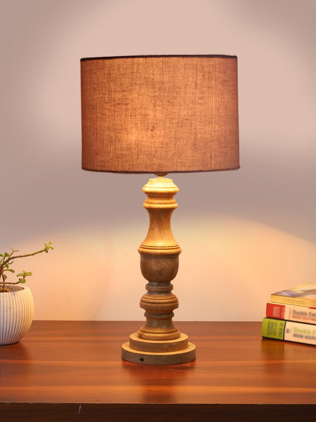 Grey Cotton Shade Table Lamp with Wooden Base | Elegant Bedside & Desk Lamp for Living Room, Bedroom, Home Decor, Office & Gift | (Height 17.5 Inches, Without Bulb)