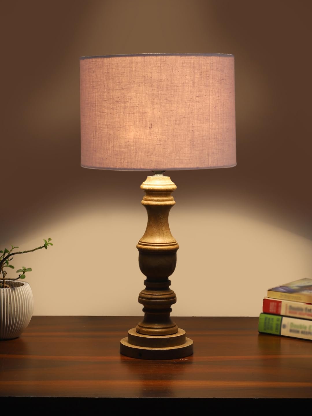 Grey Cotton Shade Table Lamp with Wooden Base | Elegant Bedside & Desk Lamp for Living Room, Bedroom, Home Decor, Office & Gift | (Height 17.5 Inches, Without Bulb)
