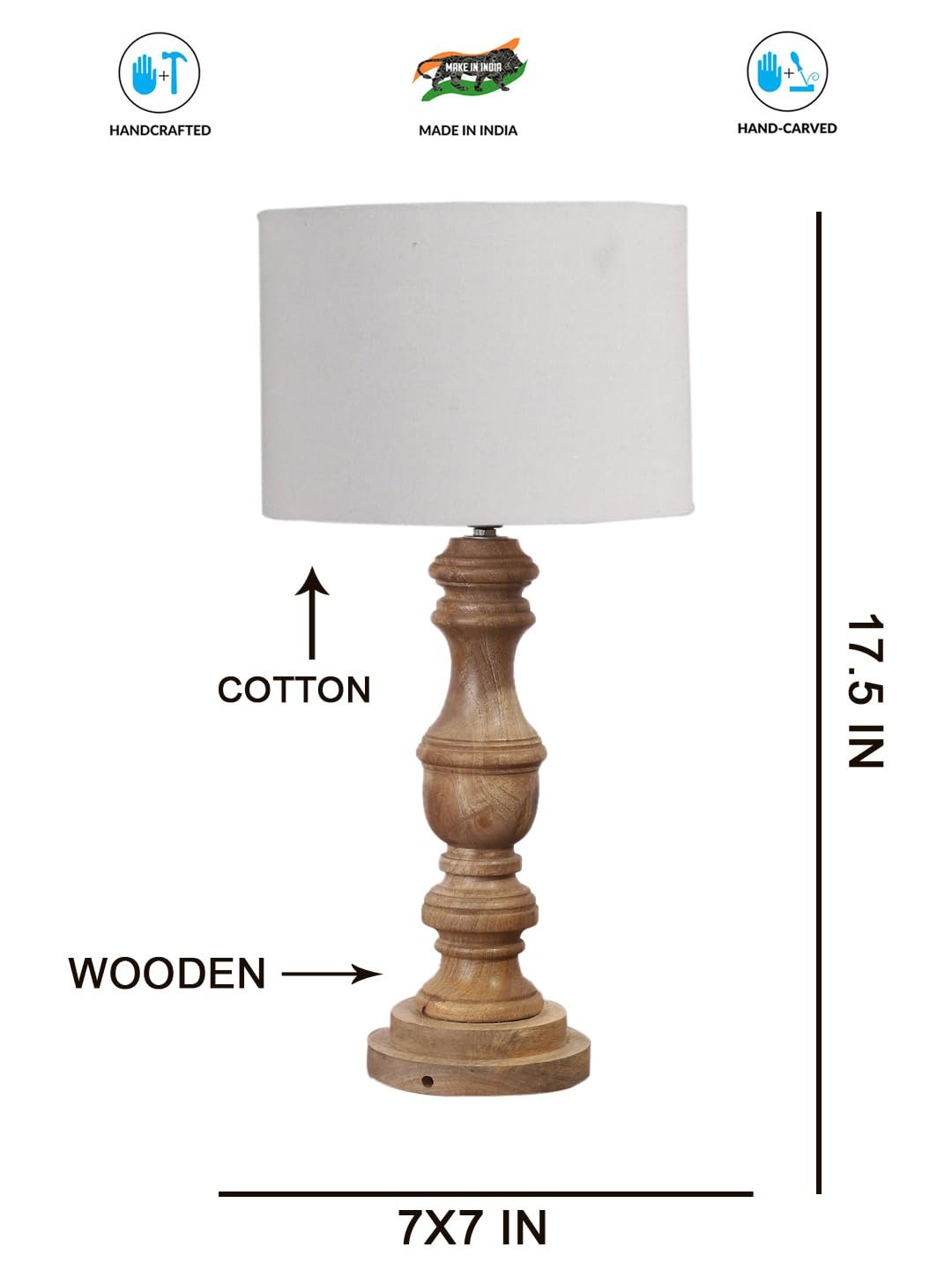 Grey Cotton Shade Table Lamp with Wooden Base | Elegant Bedside & Desk Lamp for Living Room, Bedroom, Home Decor, Office & Gift | (Height 17.5 Inches, Without Bulb)