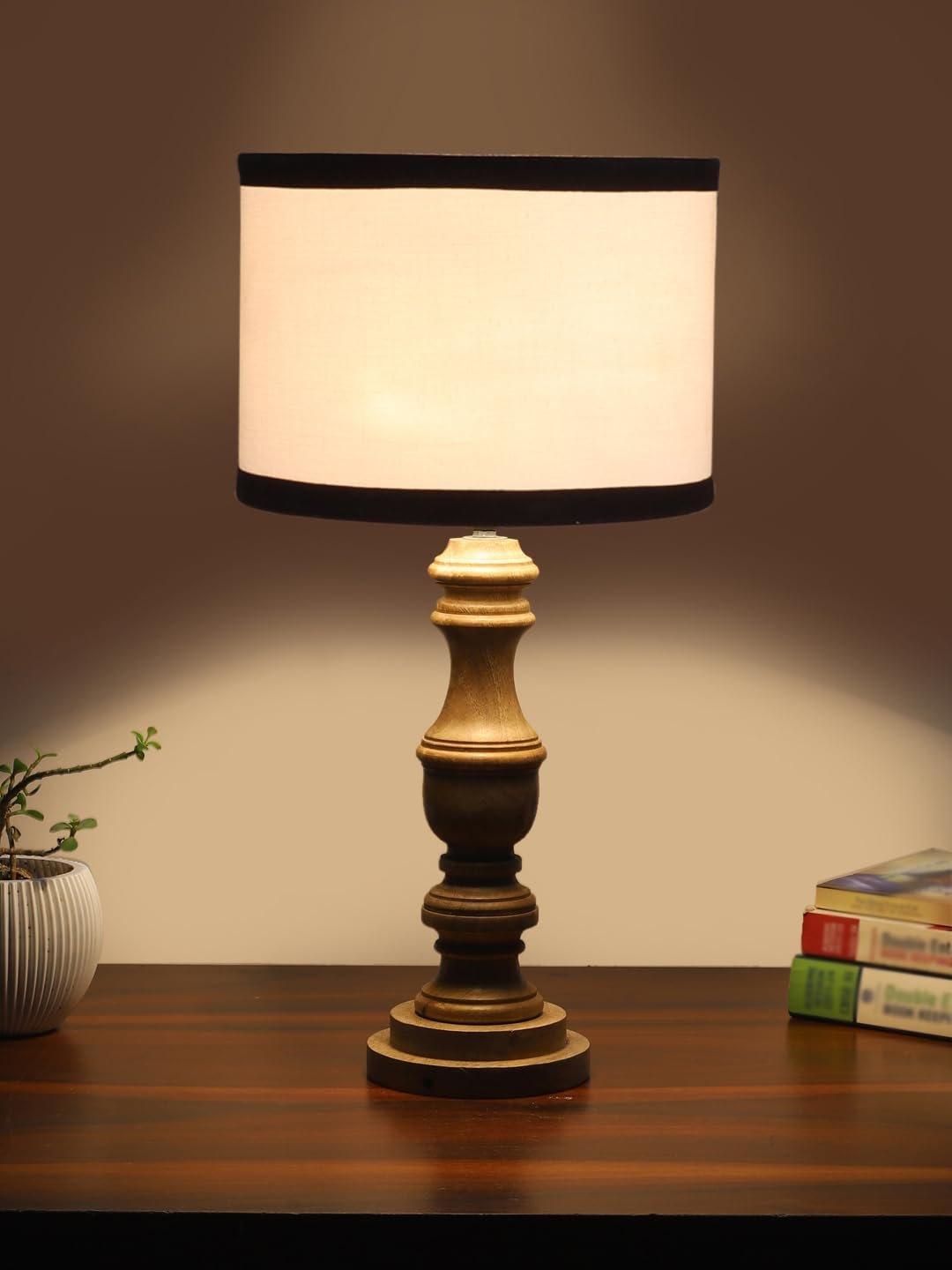 Multicolor Cotton Shade Table Lamp with Wooden Base | Elegant Bedside & Desk Lamp for Living Room, Bedroom, Home Decor, Office & Gift | (Height 17.5 Inches, Without Bulb)