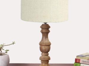 White Jute Shade Table Lamp with Wooden Base | Elegant Bedside & Desk Lamp for Living Room, Bedroom, Home Decor, Office & Gift | (Height 17.5 Inches, Without Bulb)