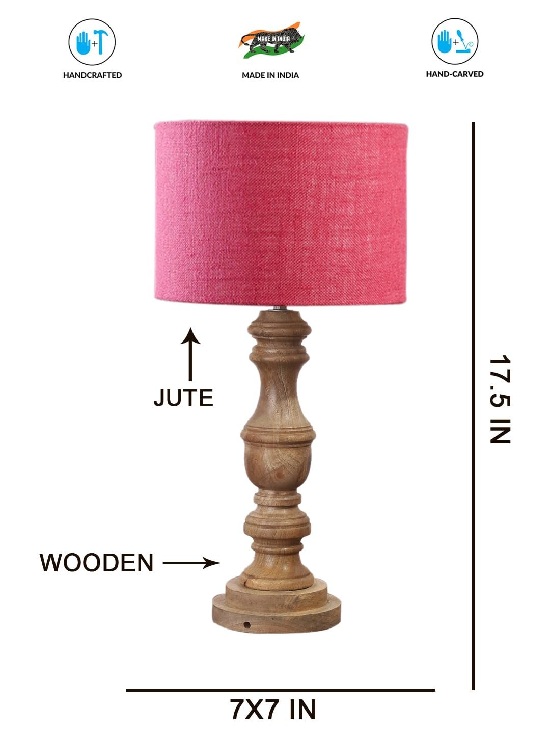 Pink Jute Shade Table Lamp with Wooden Base | Elegant Bedside & Desk Lamp for Living Room, Bedroom, Home Decor, Office & Gift | (Height 17.5 Inches, Without Bulb)