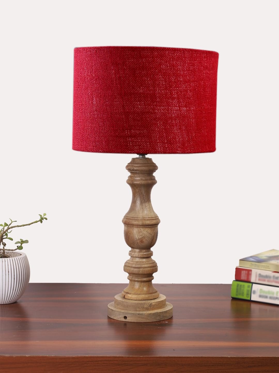 Maroon Jute Shade Table Lamp with Wooden Base | Elegant Bedside & Desk Lamp for Living Room, Bedroom, Home Decor, Office & Gift | (Height 17.5 Inches, Without Bulb)