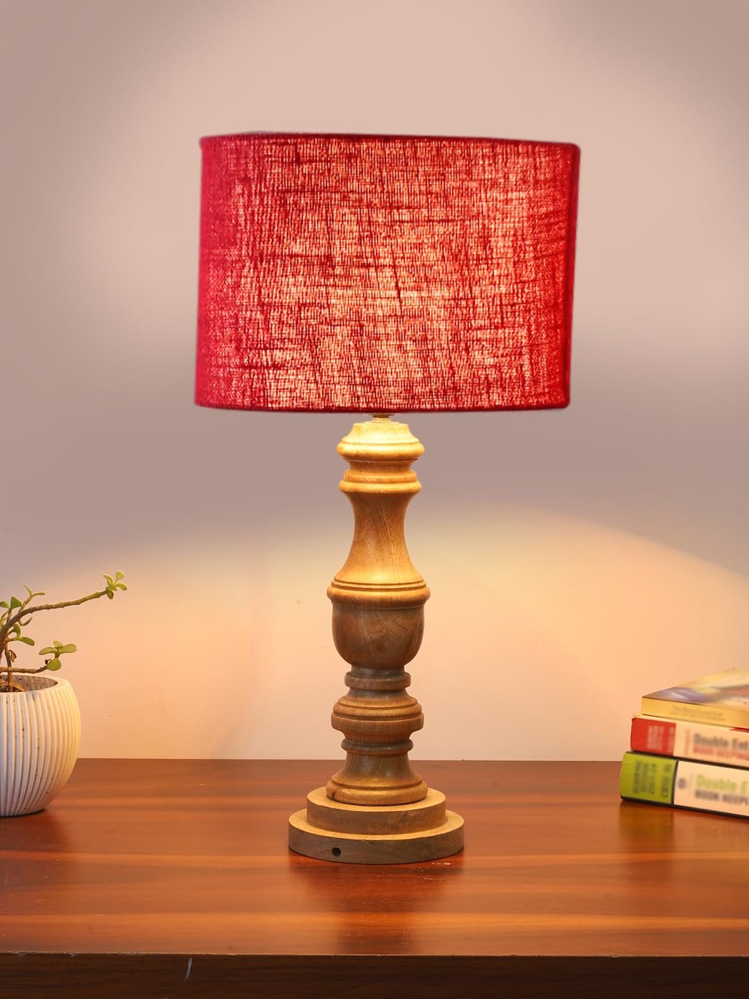 Maroon Jute Shade Table Lamp with Wooden Base | Elegant Bedside & Desk Lamp for Living Room, Bedroom, Home Decor, Office & Gift | (Height 17.5 Inches, Without Bulb)