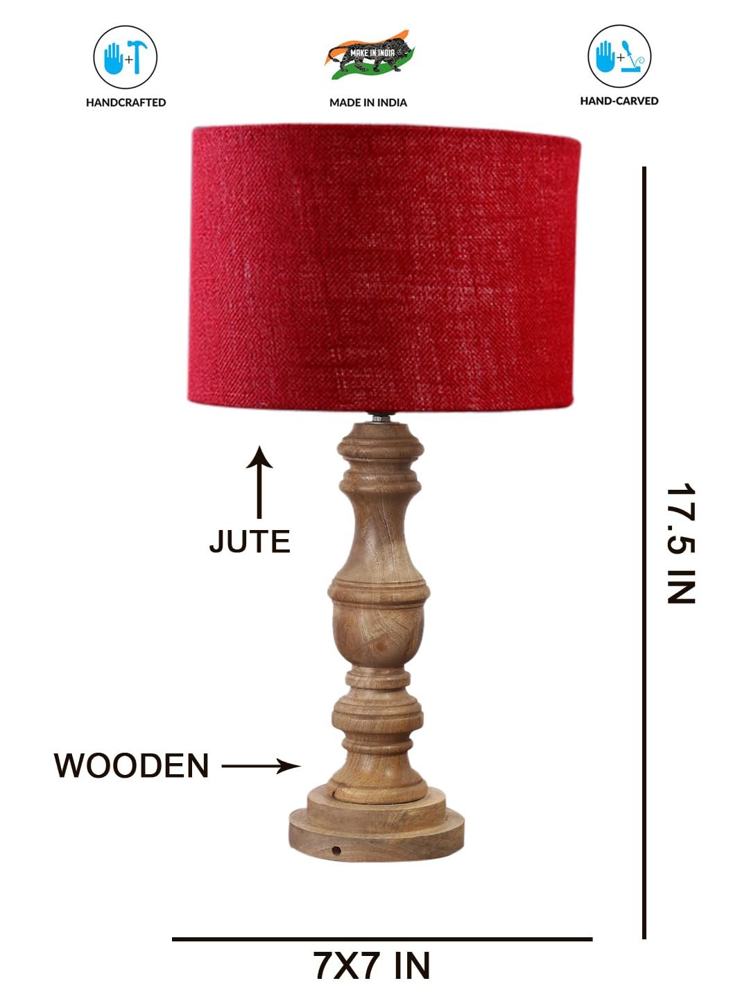 Maroon Jute Shade Table Lamp with Wooden Base | Elegant Bedside & Desk Lamp for Living Room, Bedroom, Home Decor, Office & Gift | (Height 17.5 Inches, Without Bulb)