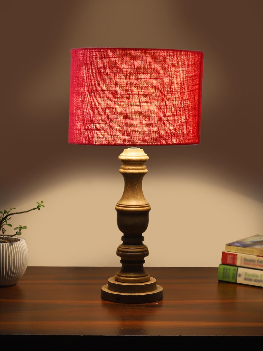 Maroon Jute Shade Table Lamp with Wooden Base | Elegant Bedside & Desk Lamp for Living Room, Bedroom, Home Decor, Office & Gift | (Height 17.5 Inches, Without Bulb)