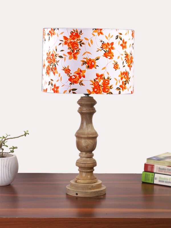 Cotton Shade Table Lamp with Wooden Base for Home Decor, Living Room, Bedroom, Lounge, Office, Festival Gifting, Study Table (Orange Vintage Floral Print) Height – 17.5 Inches/Without Blub