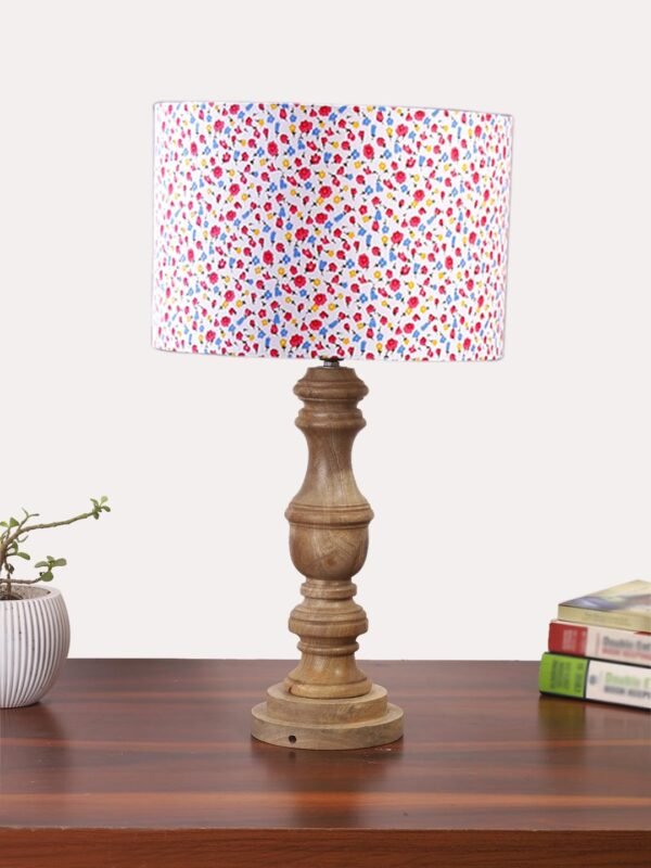 Cotton Shade Table Lamp with Wooden Base for Home Decor, Living Room, Bedroom, Office, Festival Gifting, Study Table (Pink & Blue Vintage Floral Print) Height – 17.5 Inches/Without Blub