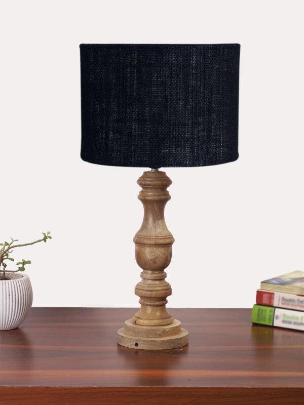 Black Jute Shade Table Lamp with Wooden Base for Home Decor, Living Room, Bedroom, Lounge, Office, Festival Gifting, Study Table (Height – 17.5 Inches/Without Blub)