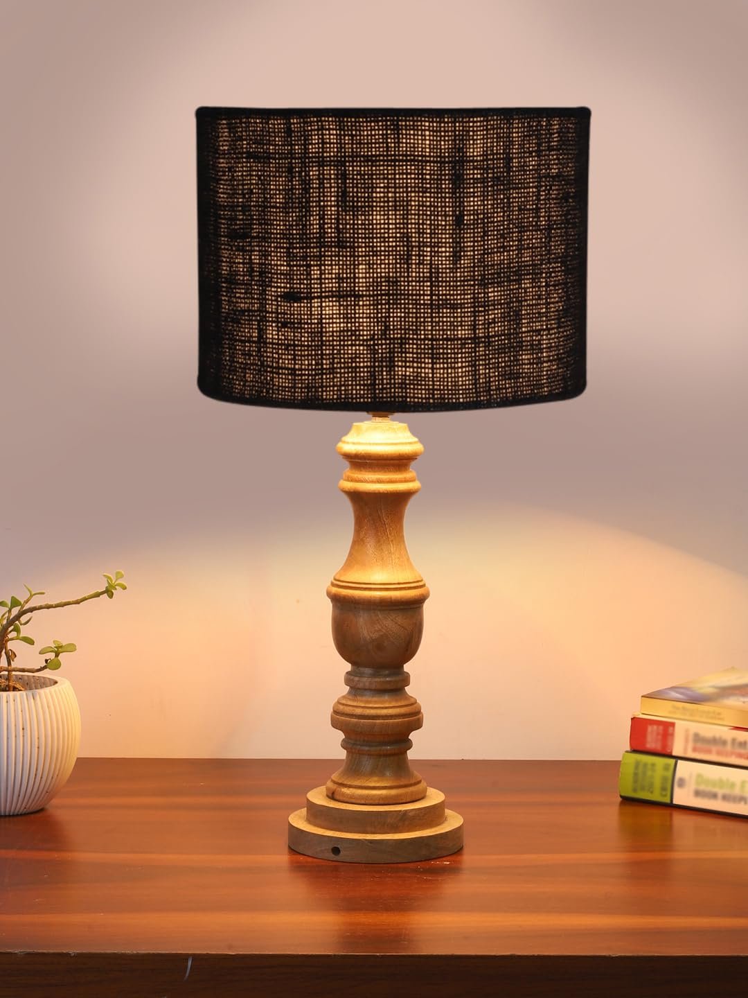 Black Jute Shade Table Lamp with Wooden Base for Home Decor, Living Room, Bedroom, Lounge, Office, Festival Gifting, Study Table (Height - 17.5 Inches/Without Blub)