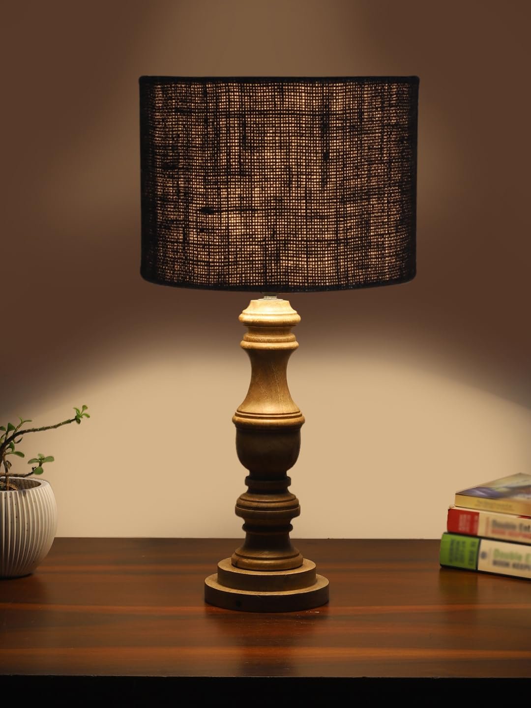 Black Jute Shade Table Lamp with Wooden Base for Home Decor, Living Room, Bedroom, Lounge, Office, Festival Gifting, Study Table (Height - 17.5 Inches/Without Blub)
