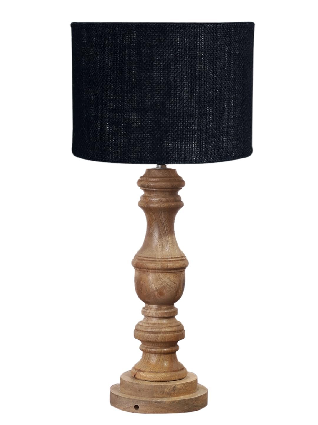 Black Jute Shade Table Lamp with Wooden Base for Home Decor, Living Room, Bedroom, Lounge, Office, Festival Gifting, Study Table (Height - 17.5 Inches/Without Blub)
