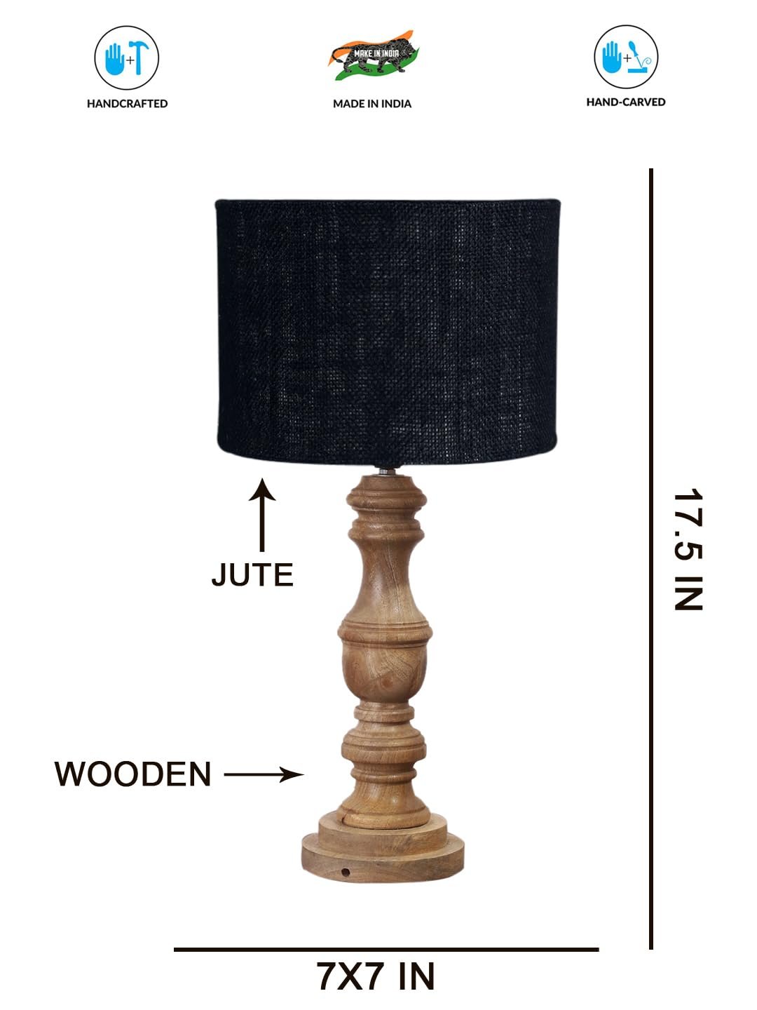 Black Jute Shade Table Lamp with Wooden Base for Home Decor, Living Room, Bedroom, Lounge, Office, Festival Gifting, Study Table (Height - 17.5 Inches/Without Blub)