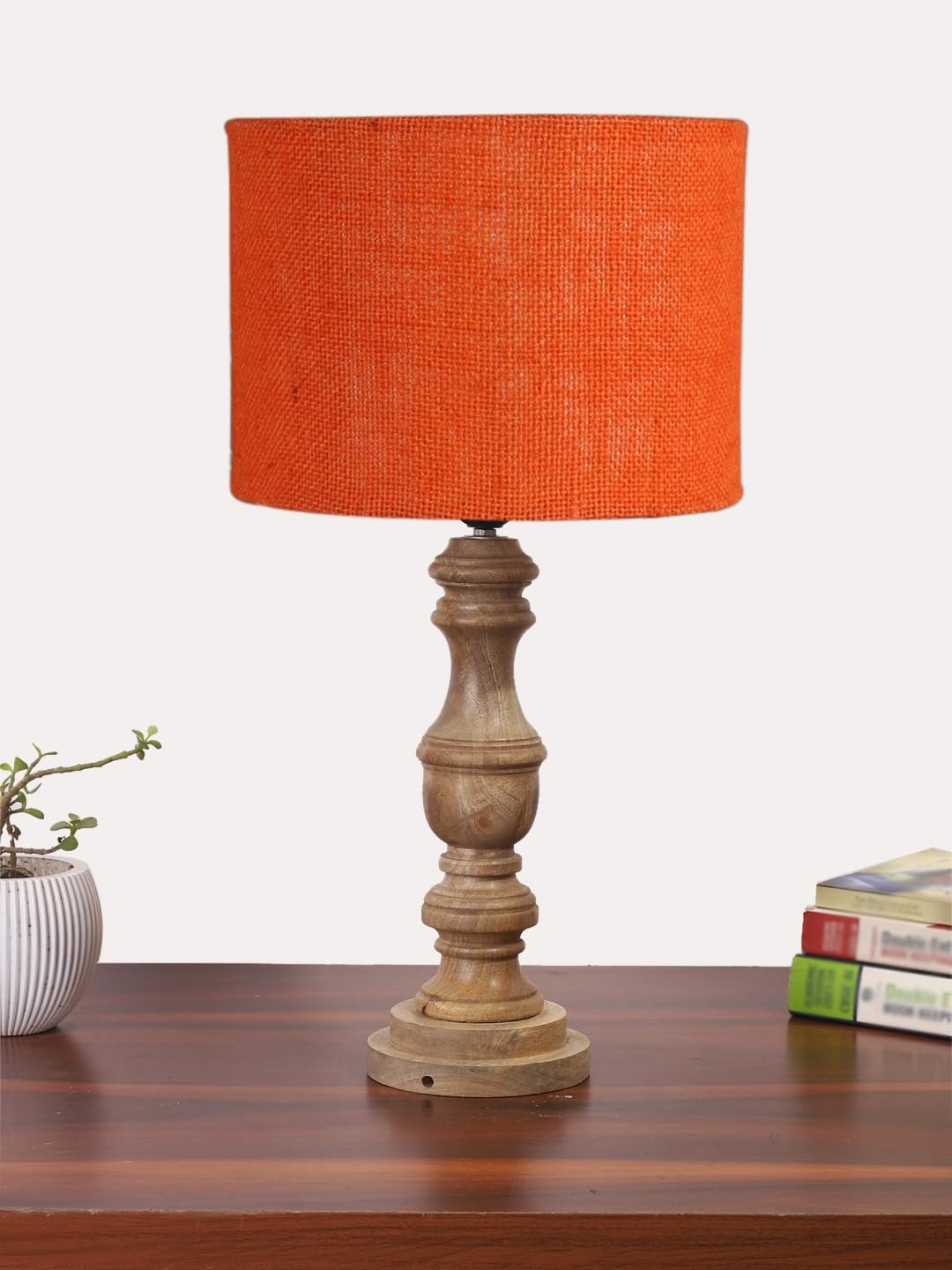 Orange Jute Shade Table Lamp with Wooden Base for Home Decor, Living Room, Bedroom, Lounge, Office, Festival Gifting, Study Table (Height - 17.5 Inches/Without Blub)
