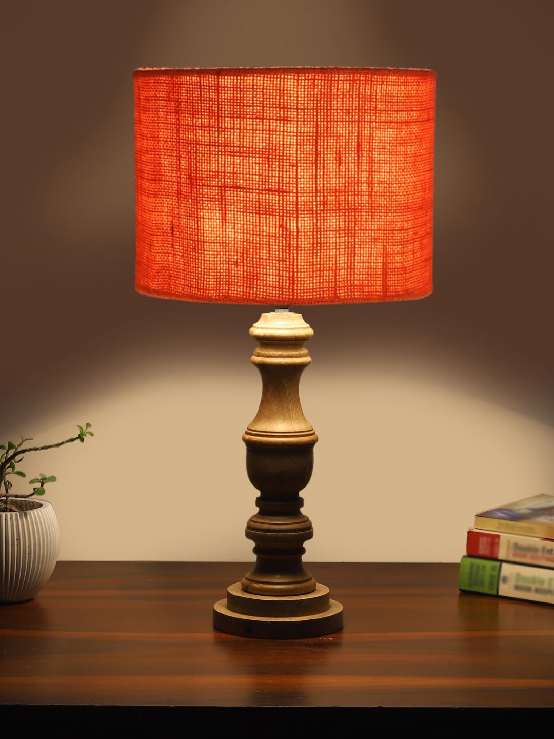 Orange Jute Shade Table Lamp with Wooden Base for Home Decor, Living Room, Bedroom, Lounge, Office, Festival Gifting, Study Table (Height - 17.5 Inches/Without Blub)